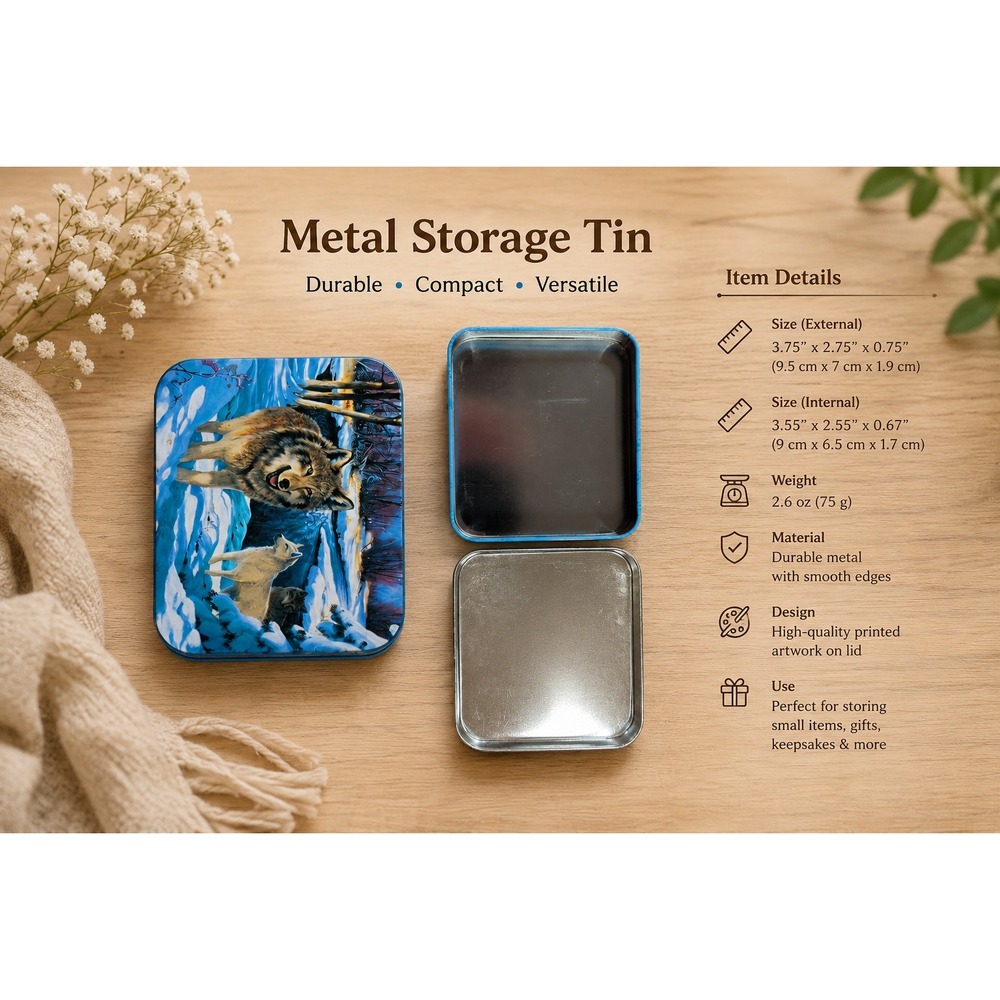 Wolf Pack Winter Snow Scene Metal Storage Tin Small‎ Keepsake Box Blue White